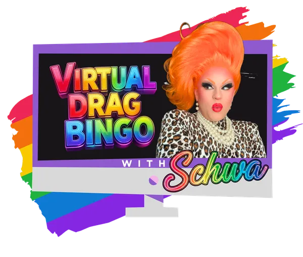 Virtual drag bingo host Schwa de Vivre performing for corporate team